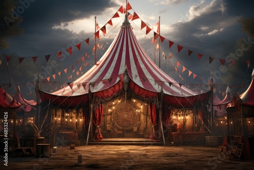 a circus tent with some red striped banners on top