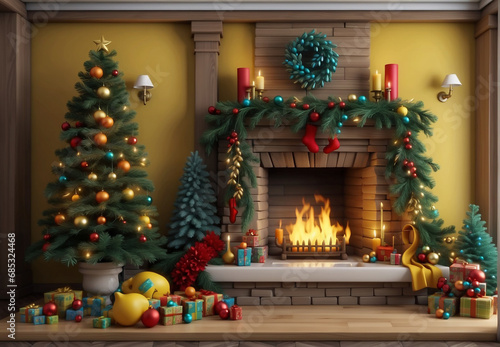 Christmas mood, room decorated for Christmas, fireplace.