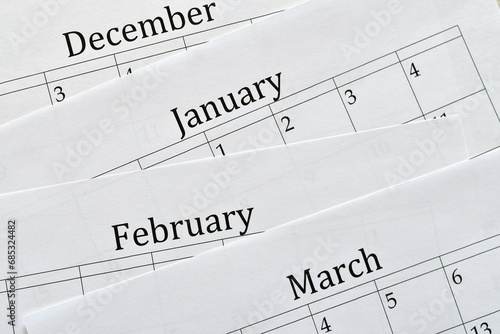 Top view flat lay of calendar December, January, February and March, no specific year, generic
