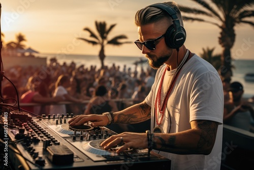 a dj playing music on beach front by large crowd
