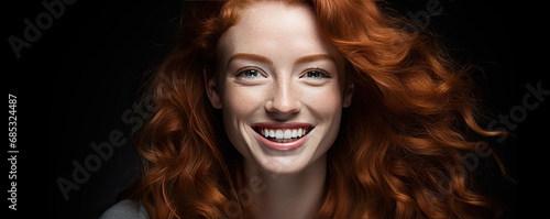 A close up portrait beautiful young woman with red hair smiling for the camera.