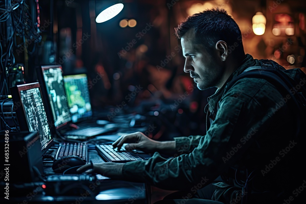a military man is working on a computer screen - obrazy, fototapety, plakaty 