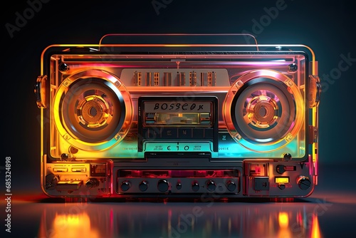 a neon cassette player with colorful lights
