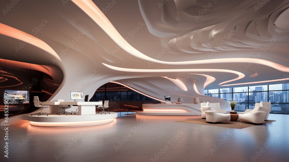 A futuristic office with an undulating, wave-like ceiling and integrated LED lights.