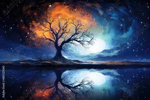 a tree in the night with stars and moons