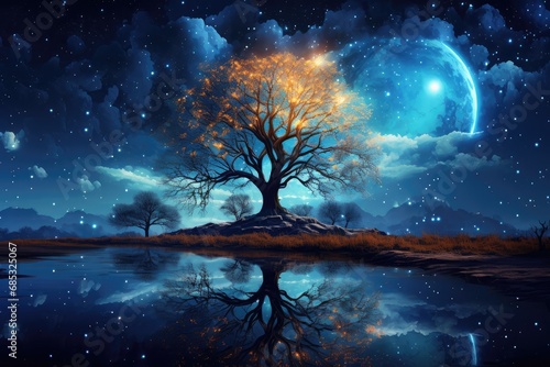 a tree in the night with stars and moons