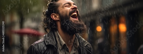 Joyful man standing in the rain with head up to the clouds catching the rain drops on his face. 