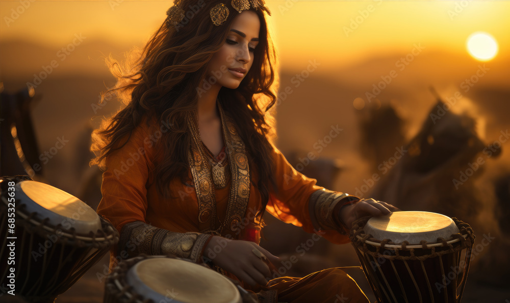 Beautiful arabic woman with ancient music instruments, amazing sunset ...