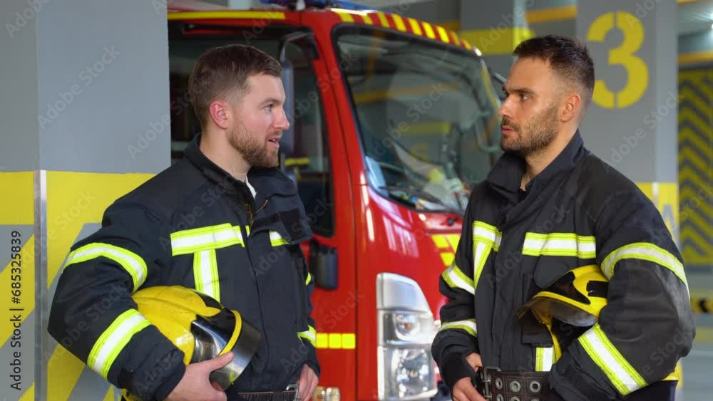 Two firefighters dressed in workwear with helmets in fire station Two firefighters dressed in workwear with helmets in fire station