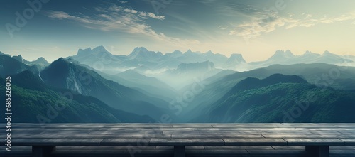 an empty wooden platform overlooking the mountains and a mountain view © Photo And Art Panda