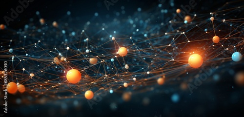 Glowing nodes interweaving in a cosmic ballet, creating a stunning molecular tapestry that defines a futuristic digital technology background with interconnected dots and lines. photo