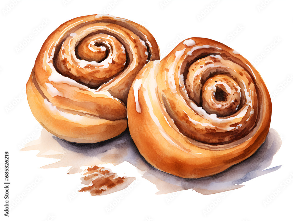 Fototapeta premium Watercolor illustration of delicious cinnamon rolls with glaze isolated on white background
