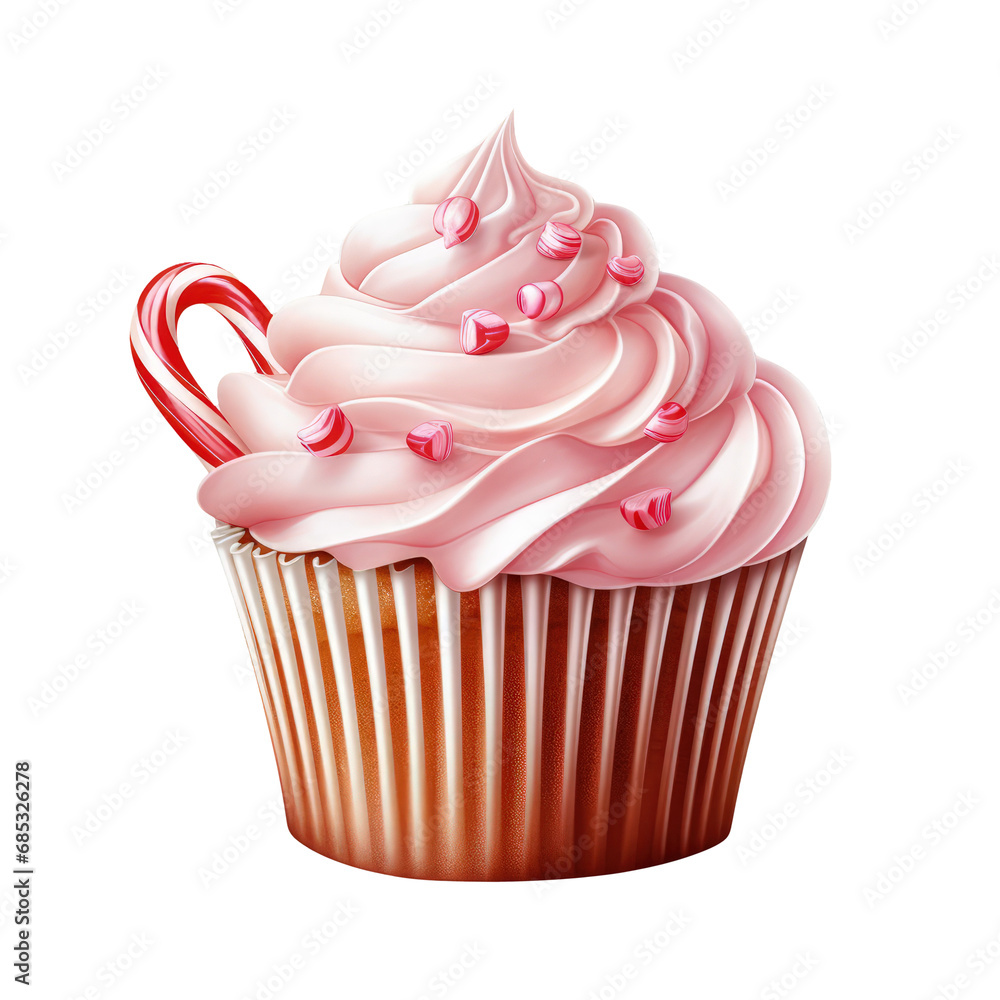 Cupcake muffin with candy cane and vanilla frosting isolated on transparent background Cupcake muffin with candy cane and vanilla frosting isolated on transparent background