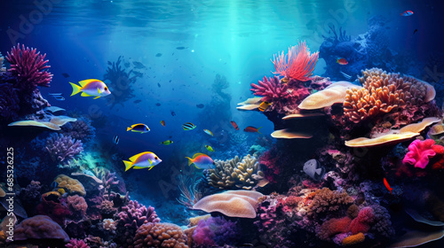 Underwater view of coral reef with fishes and sunlight. Tropical background.