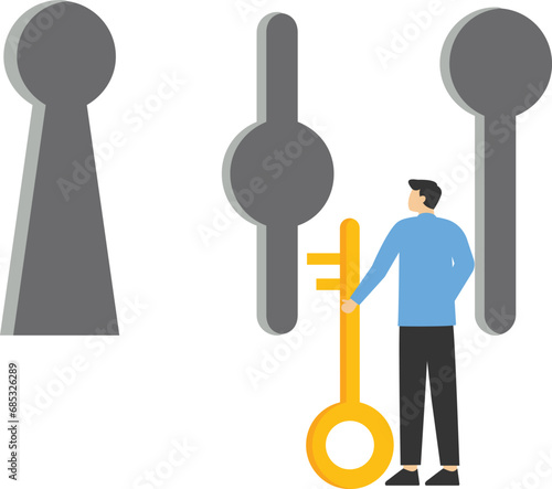 making a decision in business,making a choice, Businessman holding key in hand and deciding to choose keyhole, business decision concept

