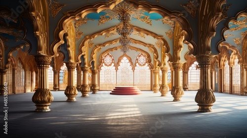 A grandiose hall with Krishna-inspired architecture, featuring intricate arches and ceiling designs. photo