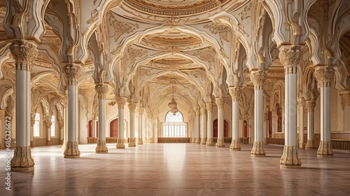 A grandiose hall with Krishna-inspired architecture, featuring intricate arches and ceiling designs.