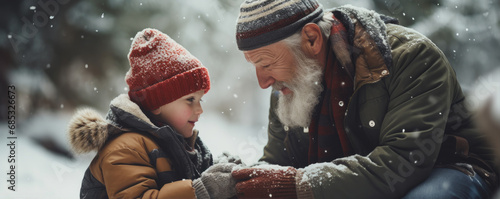Grandfather helping his grandson to build an amazing snowman