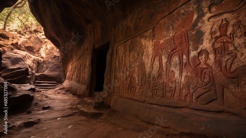 A hidden cave with ancient inscriptions depicting Hanuman's story.