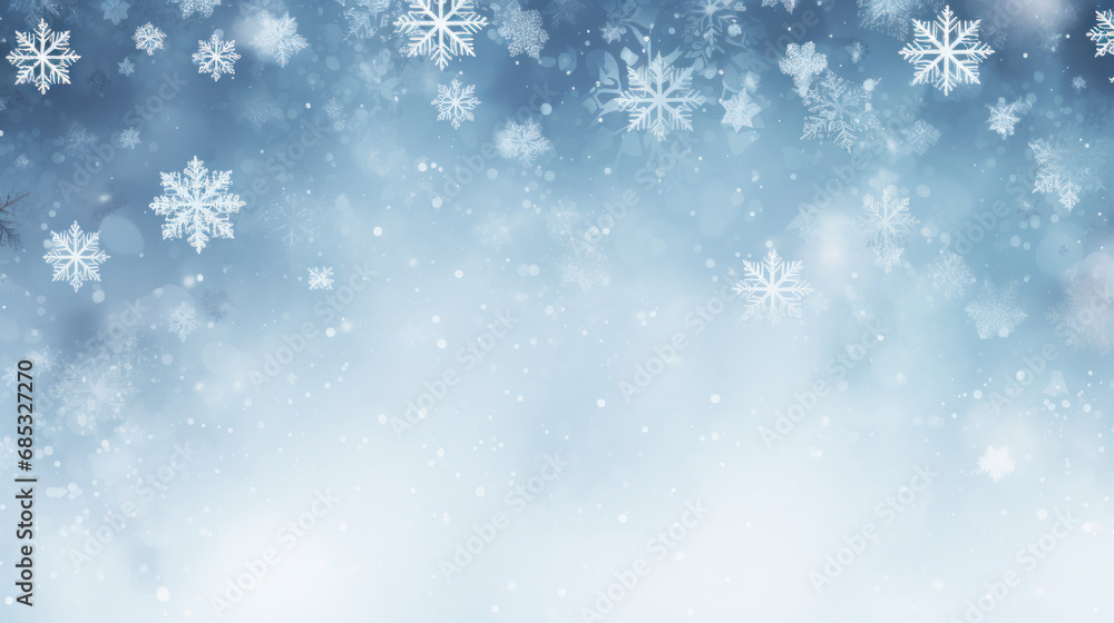 Gentle snowflakes fall against a soft blue wintry background.