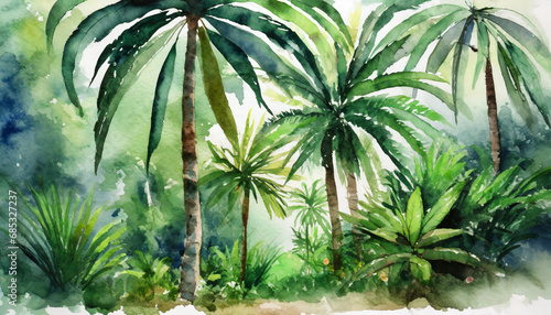 palm trees in a jungle forest decorative watercolor painting landscape