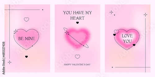Set of modern posters with Valentine's Day. Trendy gradients, blurred shapes, typography, y2k. Social media stories templates. Vector illustrations for mobile apps, banner, greeting card