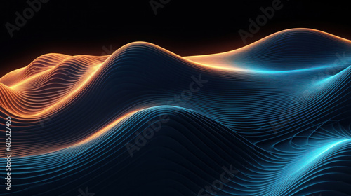 Glowing neon wave lines on a dark background, creating a 3D effect