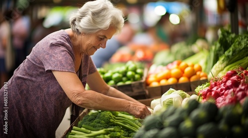 A high-quality photograph of a diabetic patient at a farmer's market, selecting fresh produce for their balanced diet.