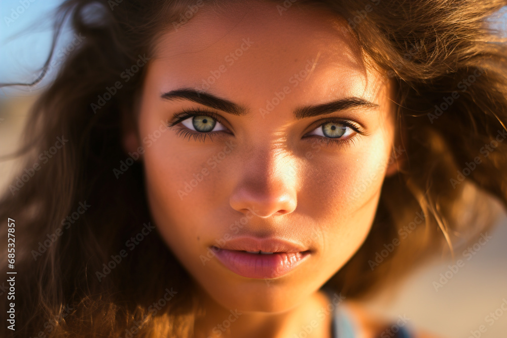 Portrait of a woman with blue eyes and soft sunlight on her face, standing on the beach. Portrait of a woman with blue eyes and soft sunlight on her face, standing on the beach.