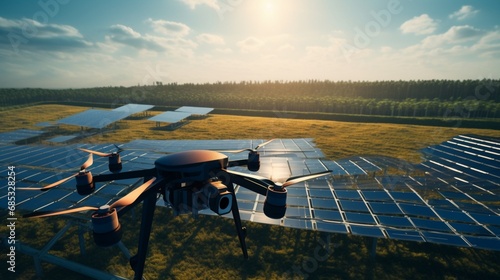 A high-tech drone inspecting a sprawling solar farm for maintenance needs. © Mustafa_Art