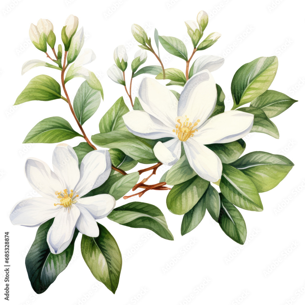 flower jasmine watercolor white flowers on transparent background - obrazy, fototapety, plakaty 