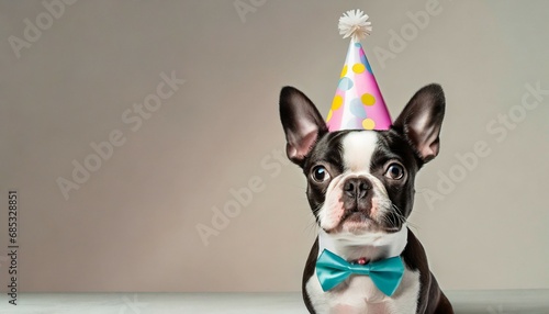 creative animal concept boston terrier dog puppy in party cone hat necklace bowtie outfit isolated on solid pastel background advertisement copy text space birthday party invite invitation photo