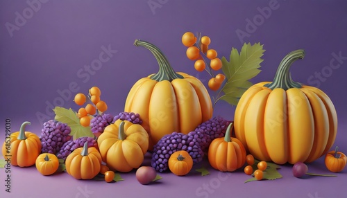 3d style pumpkins and autumn fruits on purple background