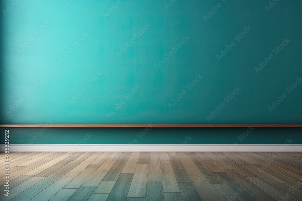 Blue turquoise empty wall and wooden floor with interesting with glare from the window. Interior background for the presentation. Blue turquoise empty wall and wooden floor with interesting with glare from the window. Interior background for the presentation.