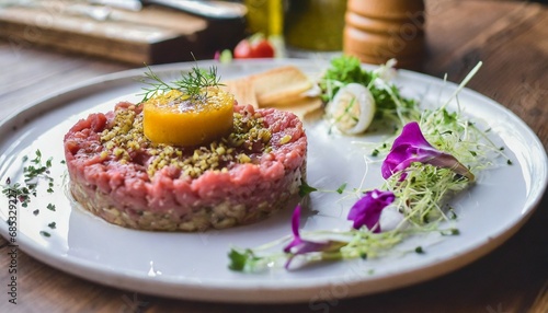 tasty steak tartare raw beef classic steak tartare on white plate awesome background generative ai