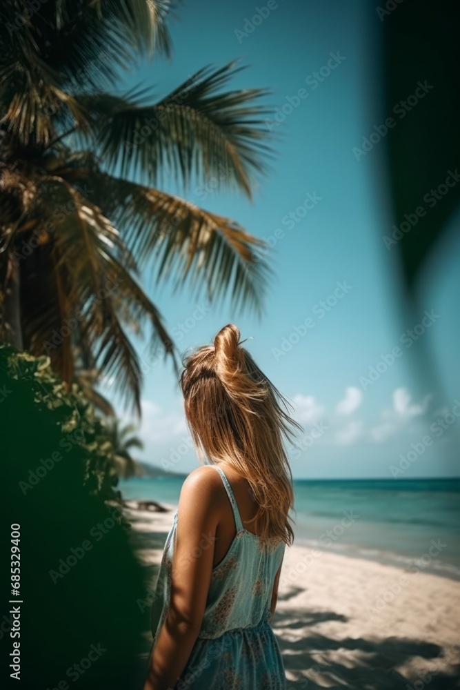 Young woman, view from the back, dressed in summer attire, stands on the beach. Coastal beauty, her hair dancing in the gentle breeze, captivated by the expansive view of the sea or ocean.