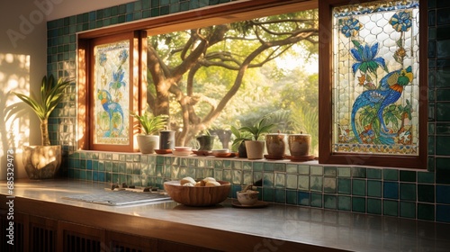 A kitchen with Krishna-themed tiles and a window view of a garden with peacocks strolling about.