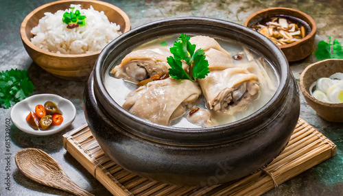 Ginseng chicken soup or Samgyetang, Koreans traditional food chicken with rice