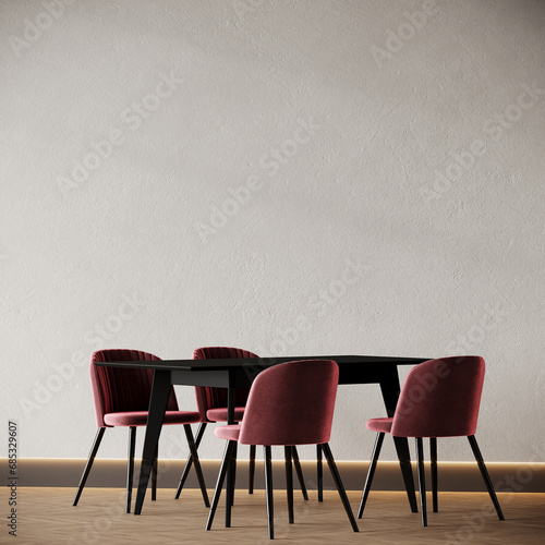 Meeting or diningroom with black table and maroon red color chairs. Empty wall accent - microcement texture background plaster. Dinning modern minimalist kitchen interior or restaurand. 3d render  photo