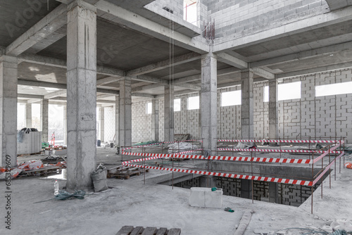 Staircase fencing at a construction site. construction of a reinforced concrete building frame. photo