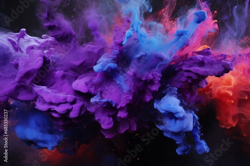 A hypnotic burst of obsidian and violet powders colliding with magnetic force  creating an otherworldly panorama of color on a seamless black canvas