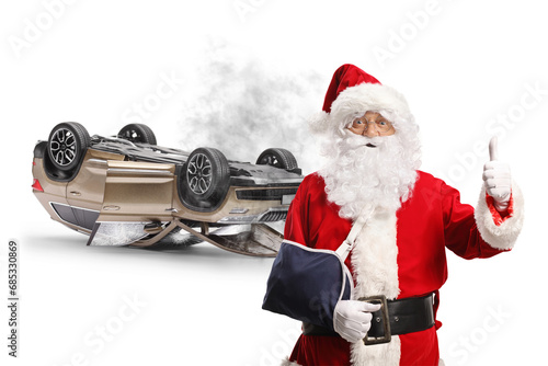 Santa Claus with an injured arm in a car accident gesturing thumbs up