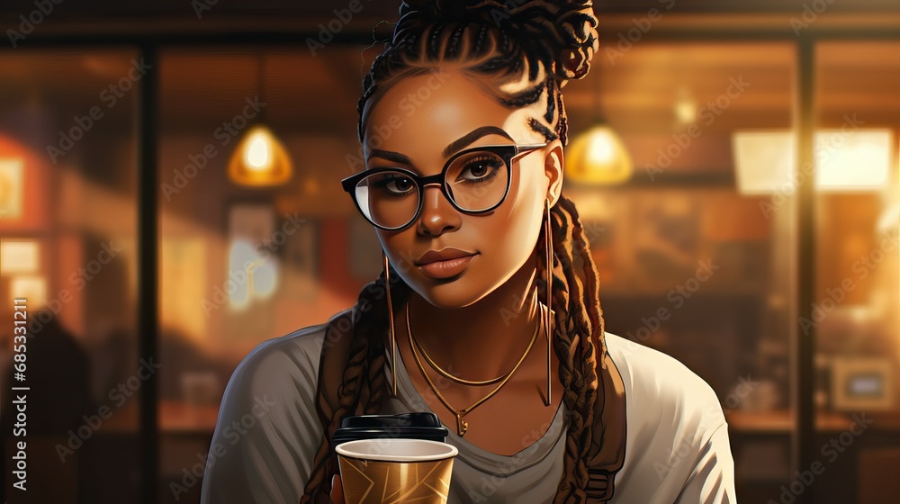 beautiful African American young woman with big brown eyes at a coffee cafe shop