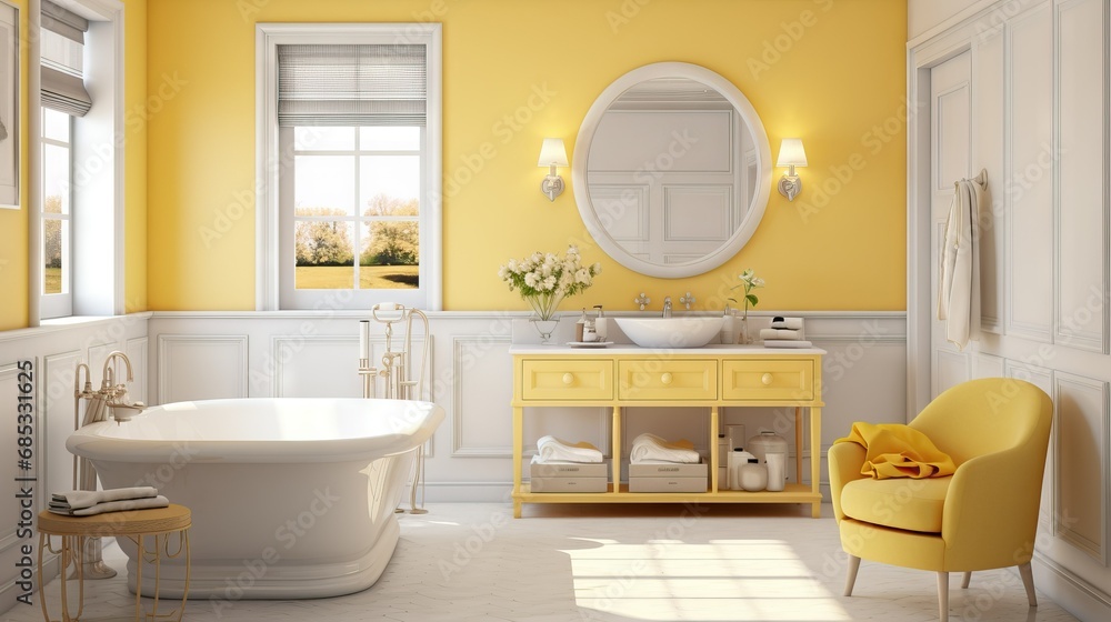 yellow bathroom, tub, vanity, mirror, window yellow bathroom, tub, vanity, mirror, window