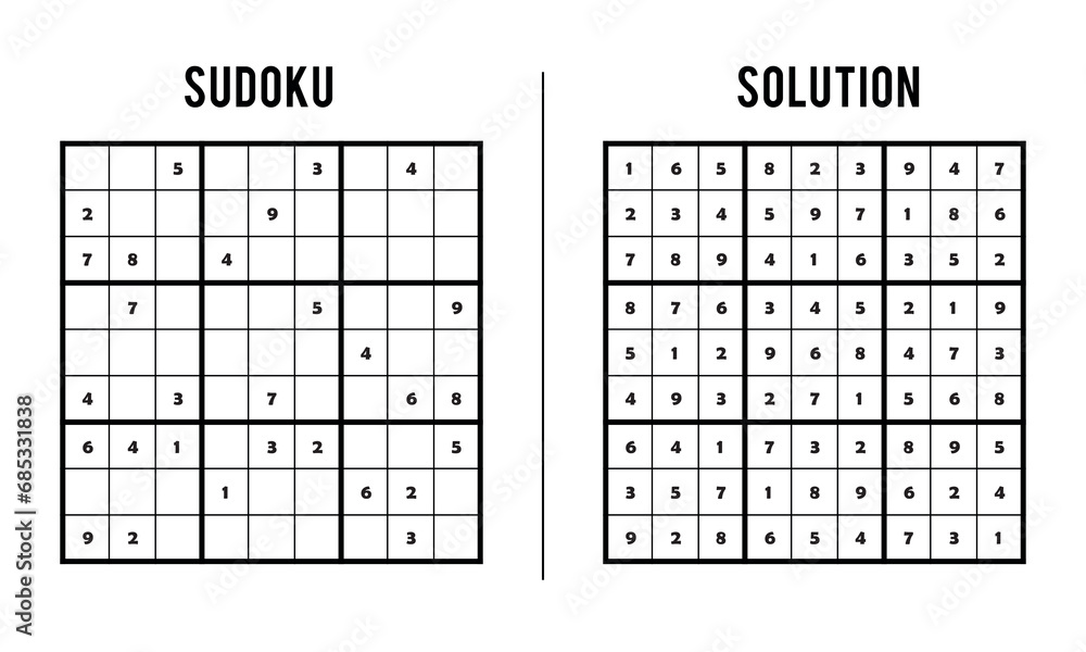 Sudoku Puzzles for Kids and Adults, Game With Solution, Magic Square. Logic puzzle game. Digital rebus Sudoku Puzzles for Kids and Adults, Game With Solution, Magic Square. Logic puzzle game. Digital rebus