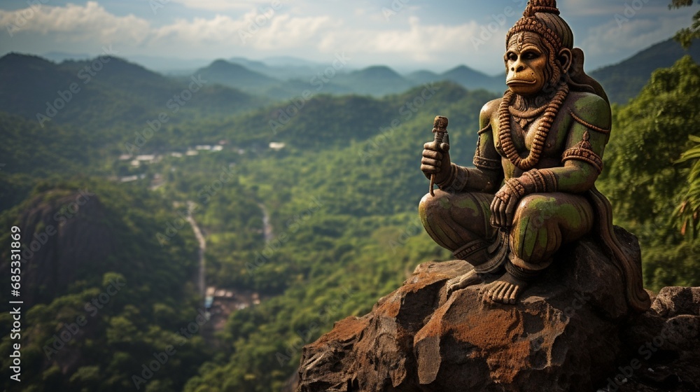 A majestic Hanuman idol carved into a mountain cliff, overlooking a valley. - obrazy, fototapety, plakaty 