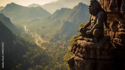 A majestic Hanuman idol carved into a mountain cliff, overlooking a valley. © Mustafa_Art