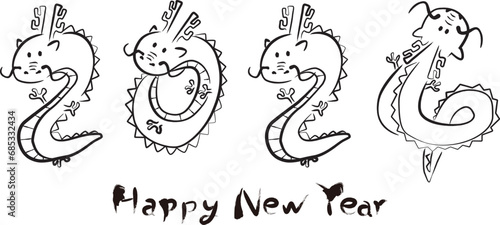 (複数の値)2024年賀状　手描きぬり絵　シンプルアイコン　ドラゴン2024　横　モノトーン