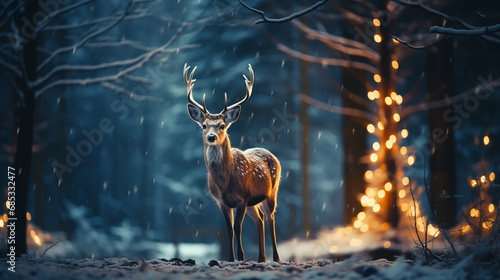 Winter landscape with deer in the forest at night background.