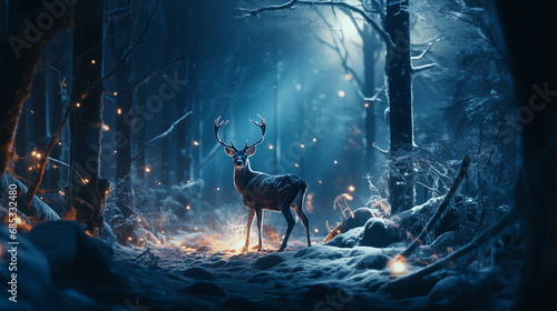 Winter landscape with deer in the forest at night background. photo